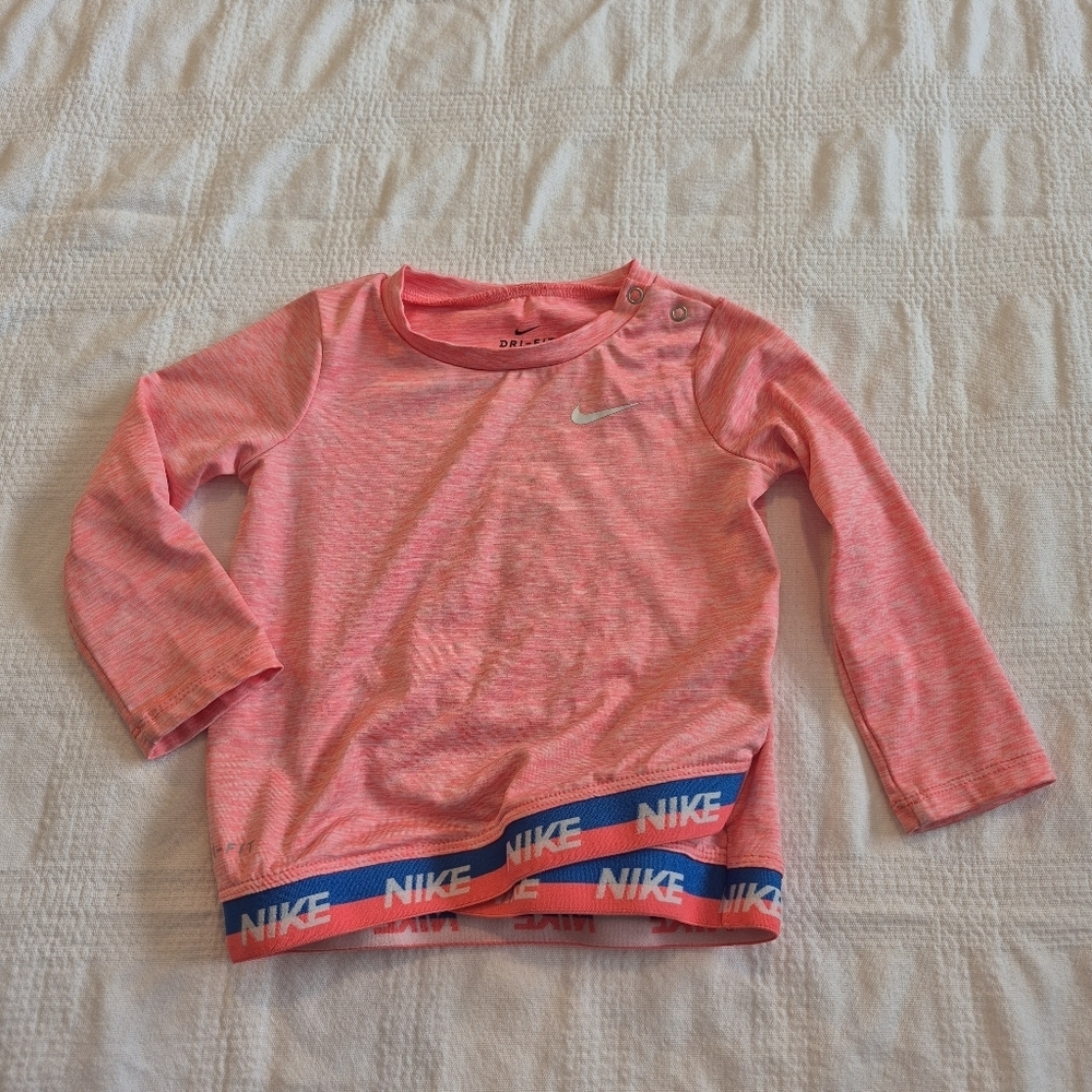 Nike girls 18 months long sleeve shirt neon pink & white long sleeve GUC
